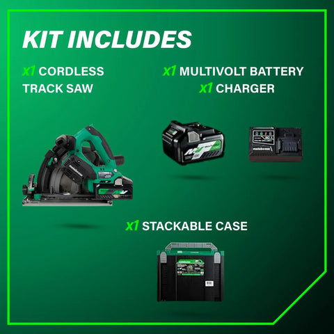 Powerhouse 36V Cordless Track Saw Kit with 6-1/2 Inch Blade, battery, charger, stackable case on green background.