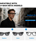 Man wearing Ray-Ban Meta glasses and images of Wayfarer, Skyler, Headliner models. Silicone Eyeglass Ear Grips For Ray Ban Meta Smart Glasses Gen 1 And Gen 2 Anti Slip Ear Hooks Glasses Grips Secure Fit Soft Temple Tips 2 Pairs Black Blue.