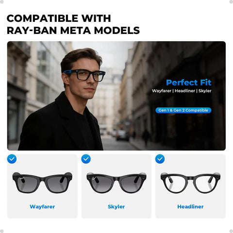 Man wearing Ray-Ban Meta glasses and images of Wayfarer, Skyler, Headliner models. Silicone Eyeglass Ear Grips For Ray Ban Meta Smart Glasses Gen 1 And Gen 2 Anti Slip Ear Hooks Glasses Grips Secure Fit Soft Temple Tips 2 Pairs Black Blue.