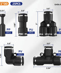 1/2 Inch OD Push To Connect Air Fittings Kit With Quick Connects For Air Hose And Tubing, 5 Types Including Elbows Tees Straight Plugs Splitters For PU Nylon PE Tubing, 0 To 145 PSI. Black 25-piece fittings set with sizes shown.