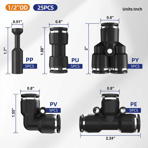 1/2 Inch OD Push To Connect Air Fittings Kit With Quick Connects For Air Hose And Tubing, 5 Types Including Elbows Tees Straight Plugs Splitters For PU Nylon PE Tubing, 0 To 145 PSI. Black 25-piece fittings set with sizes shown.