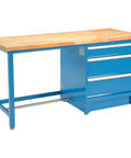 Built Tough Heavy Duty Modular Workbench With Three High Capacity Rolling Storage Drawers And Premium Birch Butcher Block Top for garage use.