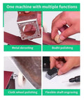 Compact Mini Electric Belt Sander With Multifunctional Polishing, Grinding, And Knife Sharpening Capabilities showing metal derusting, polishing, and engraving.