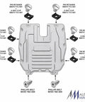Clean Underbody Splash Shield Fastener Kit Replaces OE 90674ty2a01 showing pin retainers, u-nut clips, and bolts in a complete assembly.