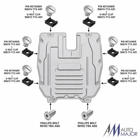 Clean Underbody Splash Shield Fastener Kit Replaces OE 90674ty2a01 showing pin retainers, u-nut clips, and bolts in a complete assembly.