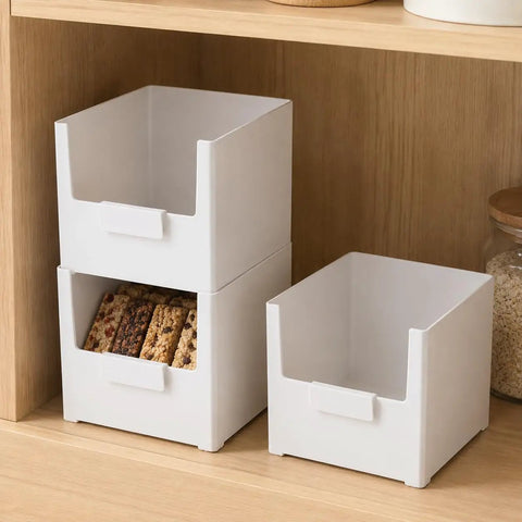 Versatile Big Capacity Heavy Duty Stackable Storage Bins Open Top Space Saving Closet Organizer with snacks in a kitchen.