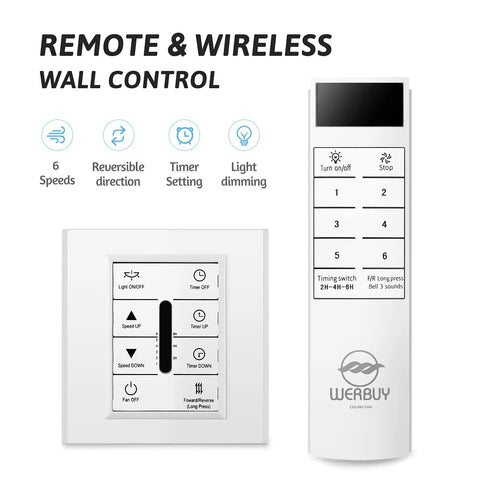 Remote and wall control for 52 Inch Ceiling Fan With Lights Remote Control Wood Finish Quiet Reversible DC Motor Sleep Timer 6 Speeds Energy Efficient.