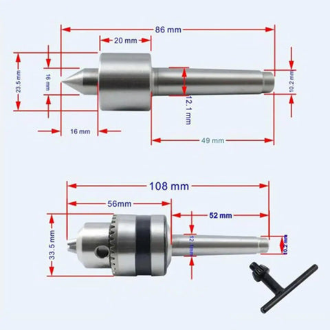 Drill Tailstock B12 Live Center High Accuracy For Mini Lathe Machine Bead Machine Revolving Centre dimensions diagram