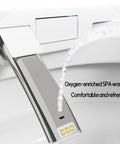Heated Smart Bidet Toilet Seat With Self Cleaning Stainless Steel Nozzle And Adjustable Water Pressure Vortex Wash Plus Warm Air Dryer LED nightlight showing stainless steel nozzle with water spray.