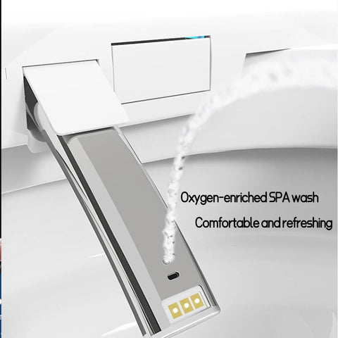 Gamechanging Smart Heated Toilet Seat With Self Cleaning Stainless Steel Nozzle Adjustable Water Flow Warm Air Dryer showing stainless nozzle dispensing water.