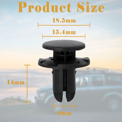 Black 20 Pcs Push Type Retainer Clips for bumper and fender liner, OEM style, shown with size dimensions, for Hyundai Equus Genesis Kia