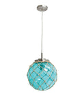 Netted Buoy Coastal Sea Glass Pendant Light With Natural Rope Clear Glass Shade Brushed Nickel Finish Adjustable 54 Inch