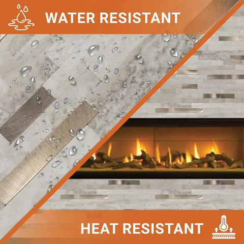 Beige Marble Peel And Stick Backsplash Tiles With Real Metal Look Easy Install DIY Friendly showing water and heat resistance