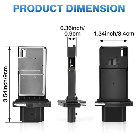 Heavy Duty Mass Air Flow Sensor Meter Replacement 22680 7S000 dimensions showing size and shape for Nissan Infiniti vehicles.