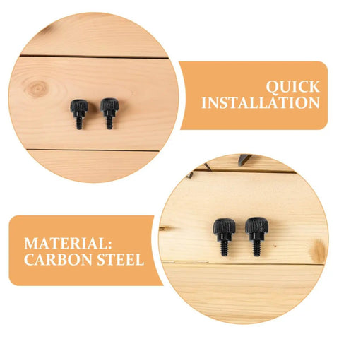 100 Pack Black Carbon Steel Thumb Screws For PC Cases With Anti Loosening Design Tool Free Side Panel Locking Fasteners close-up on wooden surface
