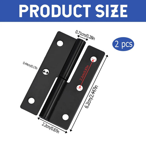 Product size display of No Sweat Quick Swap Heavy Duty Black Lift Off Hinges 2 Pack Rustproof Stainless Steel Detachable Split Hinges.