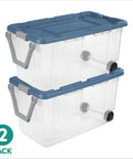 Slick Rolling 2 Pack 160 Quart Heavy Duty Storage Totes With Oversized Swivel Casters And Lockdown Pull Handle stacked.