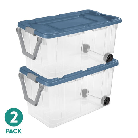 Slick Rolling 2 Pack 160 Quart Heavy Duty Storage Totes With Oversized Swivel Casters And Lockdown Pull Handle stacked.