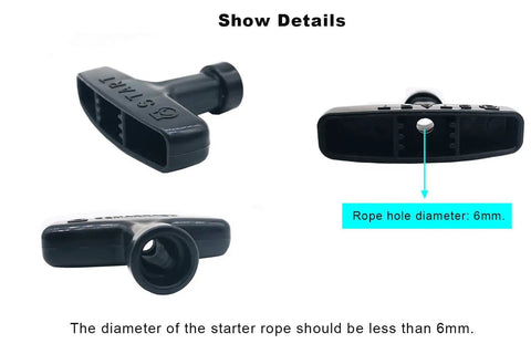 Side and front view of Two Pack Gasoline Engine Starter Handle Grip for Lawn Mower Generator Chainsaw Recoil Starter Pull Handle Durable Hard Plastic Comfortable Three Finger Grip Fits 6mm Rope Hole