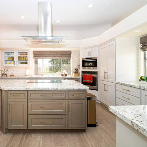 Modern kitchen with Antique Brass Stainless Steel Cabinet Handles And T Bar Knobs Modern Drawer Pulls For Kitchen And Bedroom, 320mm Length, Easy Install With Adjustable Screws, Zinc Alloy Hardware Built To Last And Resists Fading on island and cabinets.