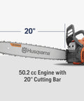 450 Rancher 20 Inch Gas Chainsaw with 50.2cc 3.2HP X Torq Engine for tree pruning and heavy duty limb work