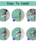 Installation process of Mini 90 Degree Door Latch Lock for Sliding Doors, Screen Doors, and Pocket Doors, showing stainless steel construction.