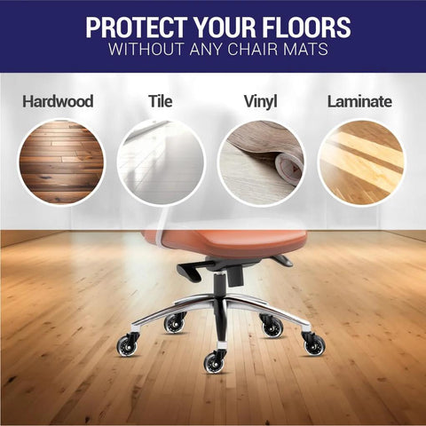 Pack Of 5 Silent Caster Wheels For Office And Gaming Chairs shown rolling smoothly on hardwood floor