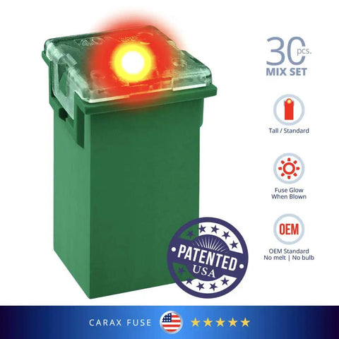 Glow When Blown LED Auto Fuse Kit Premium Fuse Cartridge with glowing LED, green heat-resistant plastic, 30 pcs mix set.