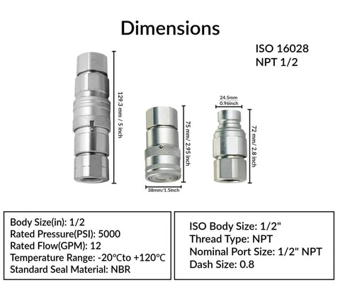 Beefy Half Inch Hydraulic Flat Face Quick Connect Couplers For Heavy Duty Fittings And Hydraulic Tooling ISO 16028 ISO 12.5 Compatible Male And Female Sides Skid Steer Hydraulics Connector Industrial Grade Fitting, dimensions chart