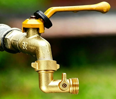 90 Degree Water Hose Elbow For RV And Garden: Brass Three Quarter Inch GHT Connector With Shut Off Valve, Lead-Free Inline Fitting For Tight Spaces, Prevents Kinks And Strain In City Water Hookups. Brass 90-degree hose elbow on garden faucet