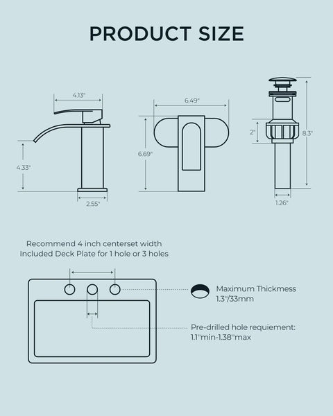 Technical diagram showing dimensions of Waterfall Matte Black Bathroom Faucet DIY Friendly 1 Or 3 Hole Install With Deck Plate.