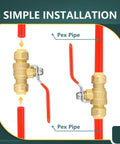 Half Inch Push Fit Ball Valves with Drain for hot and cold water installation, shown with red Pex pipes and disconnect clips.