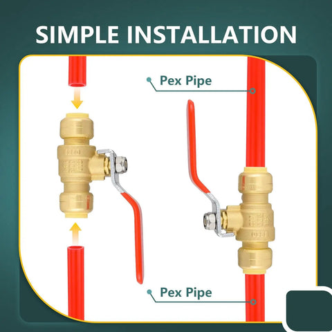 Half Inch Push Fit Ball Valves with Drain for hot and cold water installation, shown with red Pex pipes and disconnect clips.