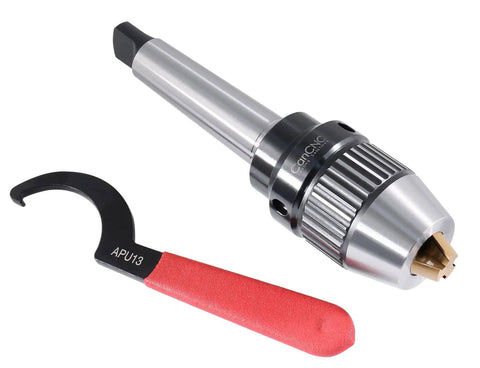 MT3 Keyless Drill Chuck, Beefed-Up With Integrated Shank And Titanium Jaws, One Sixteenth To One Half Inch Capacity shown with handle