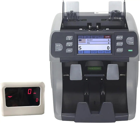 Heavy Duty Commercial CIS Currency Counter With Touchscreen Interface for counting bills with a digital display and hopper.