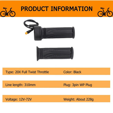 Full Twist Ebike Throttle Grip 3 Pin Waterproof Joint Right Hand 12V To 72V Compatible For Electric Bike Scooter