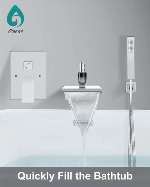 Wall Mount Bathtub Faucet With Handheld Sprayer And Waterfall Tub Filler Single Handle Chrome Finish Modern Bathroom Fixture Solid Brass Construction Corrosion Resistant 1.46 GPM