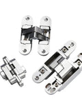 Two Pack 180 Degree Concealed Cross Door Hinges Zinc Alloy Invisible Hinge For Gate Door Cupboard Furniture Hardware Set 139 By 29 Millimeter Heavy Duty Build Built To Last For Cabinets And Closets, showing three hinges with open and closed views, highlighting zinc alloy material and 180° rotation.