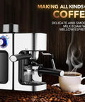 Kickstart Your Daily Grind With This Semi Automatic Espresso Machine Featuring A Five Bar Pressure Pump And Built In Milk Frother For Barista Quality Lattes And Frothy Macchiatos At Home, with steaming latte and espresso.