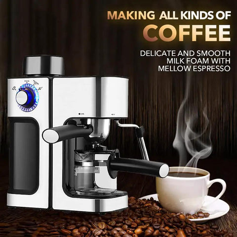 Kickstart Your Daily Grind With This Semi Automatic Espresso Machine Featuring A Five Bar Pressure Pump And Built In Milk Frother For Barista Quality Lattes And Frothy Macchiatos At Home, with steaming latte and espresso.