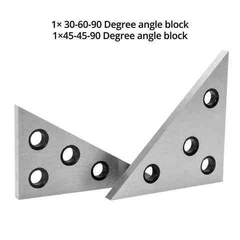 Front view of QWORK solid angle plate set: two steel blocks 30-60-90 and 45-45-90.