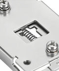 Close-up of stainless steel 35mm DIN rail mount bracket with screws for electrical panels, part of Two Pack 35mm DIN Rail Mount Brackets With Screws.