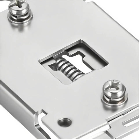 Close-up of stainless steel 35mm DIN rail mount bracket with screws for electrical panels, part of Two Pack 35mm DIN Rail Mount Brackets With Screws.