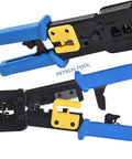 Pro Grade RJ45 Crimp Tool Pass Through Kit With 5 Replacement 8 Pin Blades For Cat5 Cat5e Cat6 Ethernet Cables, blue handles