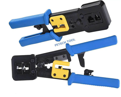 Pro Grade RJ45 Crimp Tool Pass Through Kit With 5 Replacement 8 Pin Blades For Cat5 Cat5e Cat6 Ethernet Cables, blue handles