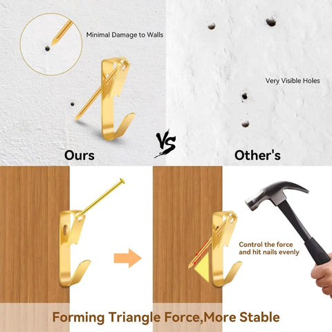 Rock Solid Picture Hanging Kit Top Shelf Heavy Duty Hooks And Nails For Drywall Wood No Sweat Setup For Photo Frames Mirrors And Wall Art 152 Piece Set showing comparison of wall damage from different hooks.