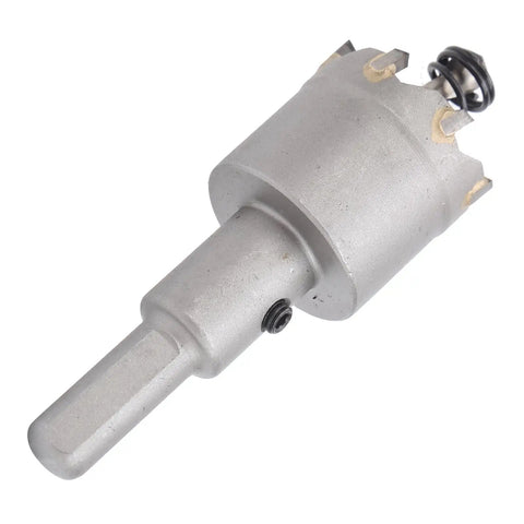 Close-up of a 30mm carbide hole saw from the Carbide Hole Saw Kit With 30mm 32mm 35mm 36mm 38mm Reamer Bits For Steel Stainless Aluminum Calcium Silicate And Plastic Sheets Heavy Duty Electrician Grade Thick Metal Sheet Cutter Drill Bit Set.