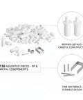 Spring Latch Repair Kit With Pins And Staples For Curtains Blinds And Cabinet Doors 130 Piece Set shown with PP and metal parts