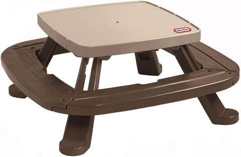 Fold N Store Picnic Table With Market Umbrella, Brown Wood Grain Finish, compact outdoor design for six, shown folded