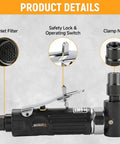 Lightweight One Quarter Inch Air Powered Right Angle Die Grinder details showing air inlet filter, safety lock, and clamp nut.